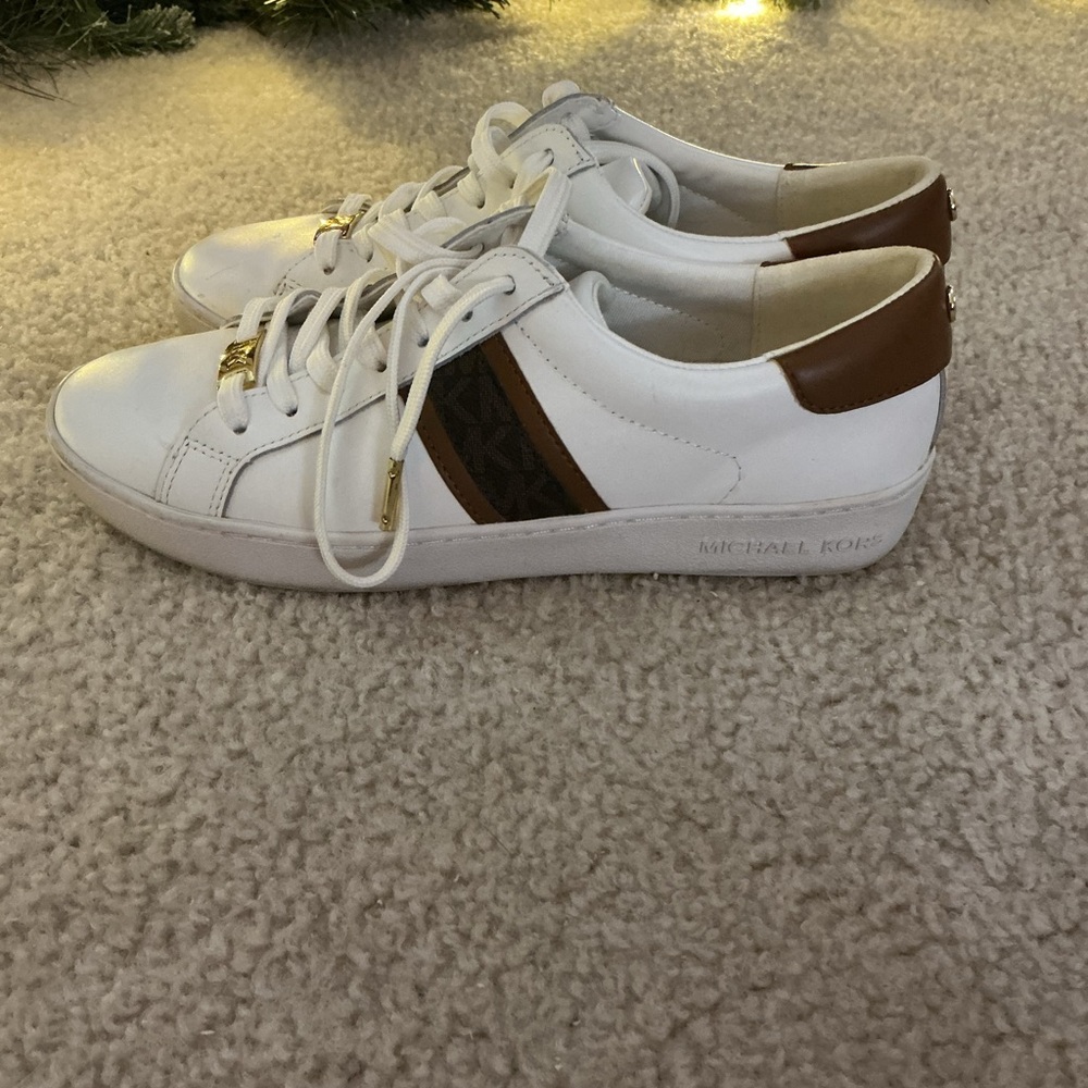 Michael Kors White and Tan Sneakers with Gold Accents